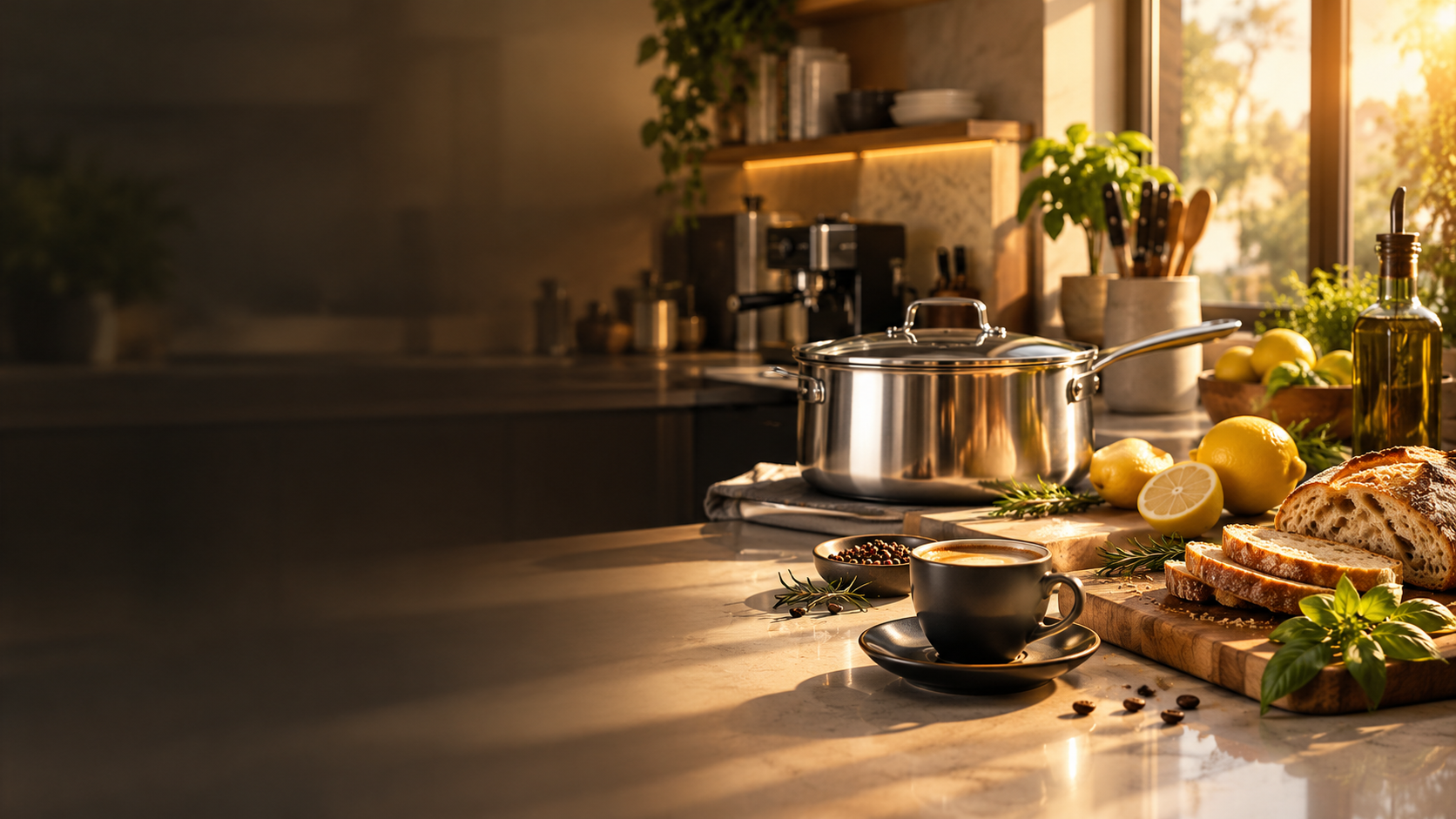 Sunlit kitchen counter with espresso cup, cookware and fresh herbs