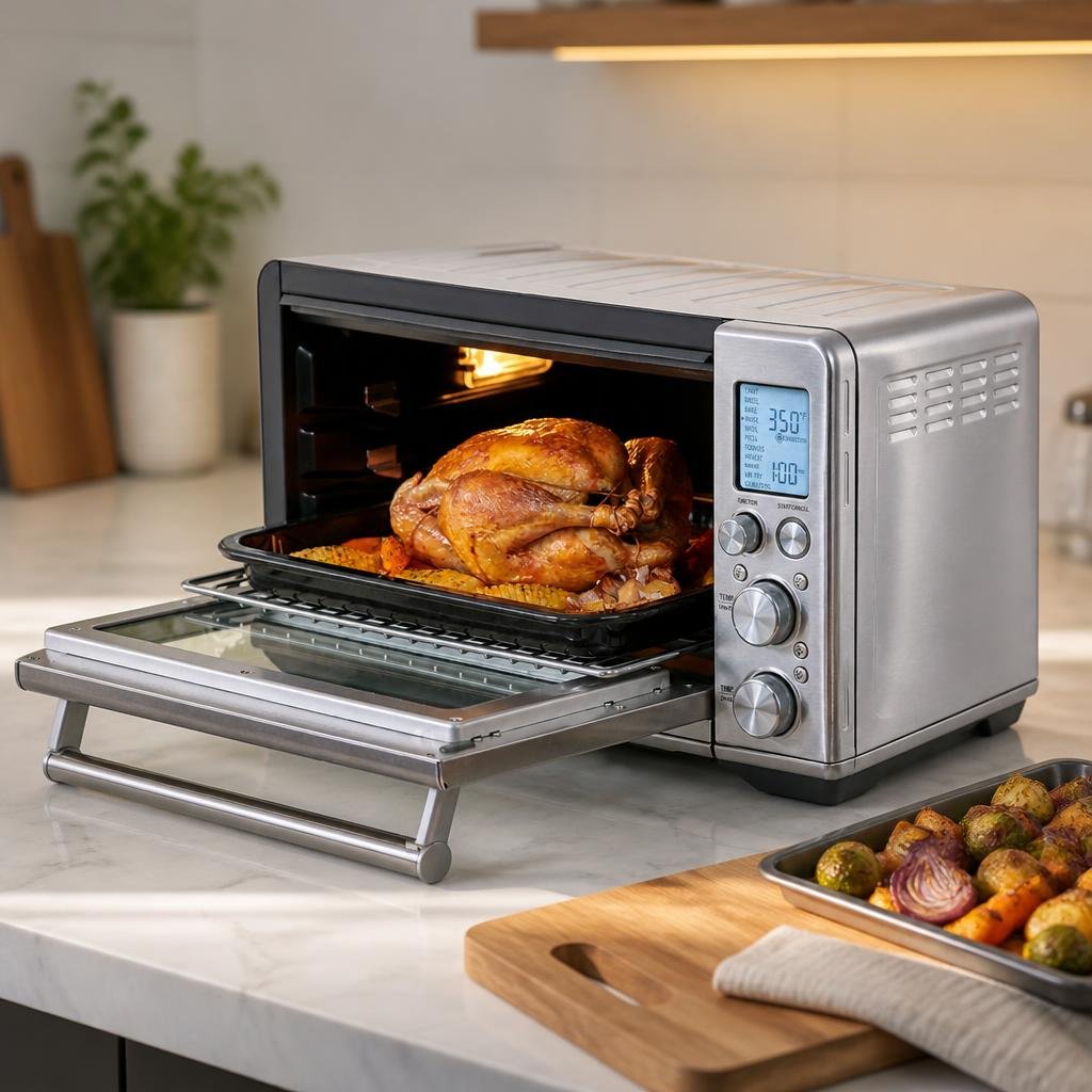 Breville BOV860BSS Smart Oven Air Fryer on a modern kitchen counter with roasted vegetables on a tray