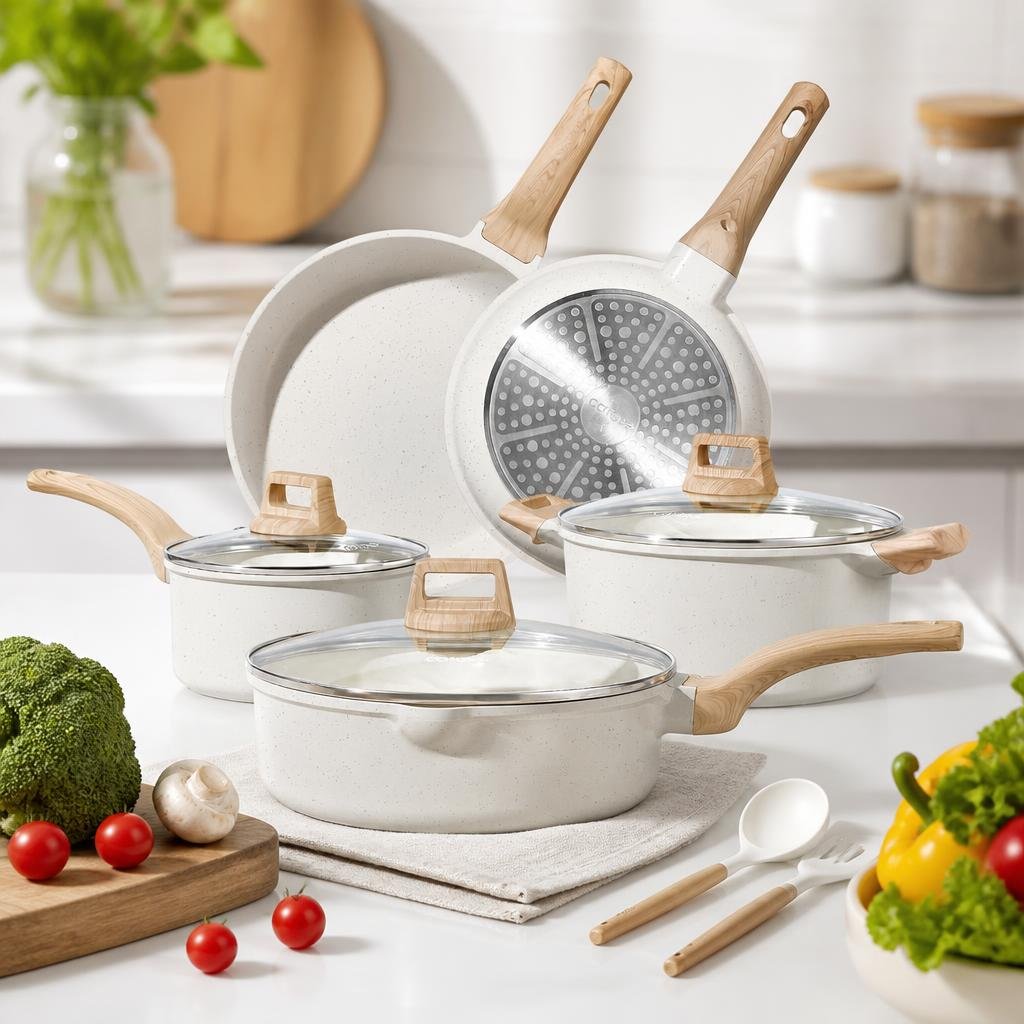 CAROTE 20-piece cookware set on a bright white kitchen counter with fresh vegetables and a wooden board