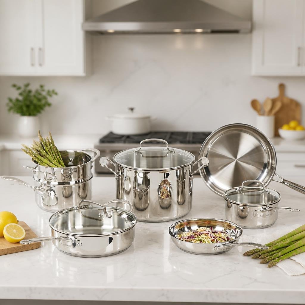 Cuisinart Chef's Classic 11-piece stainless steel cookware set on a white kitchen counter with lemons and asparagus