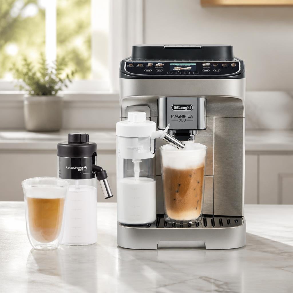 De'Longhi Magnifica Duo espresso machine on a bright marble kitchen counter near a window