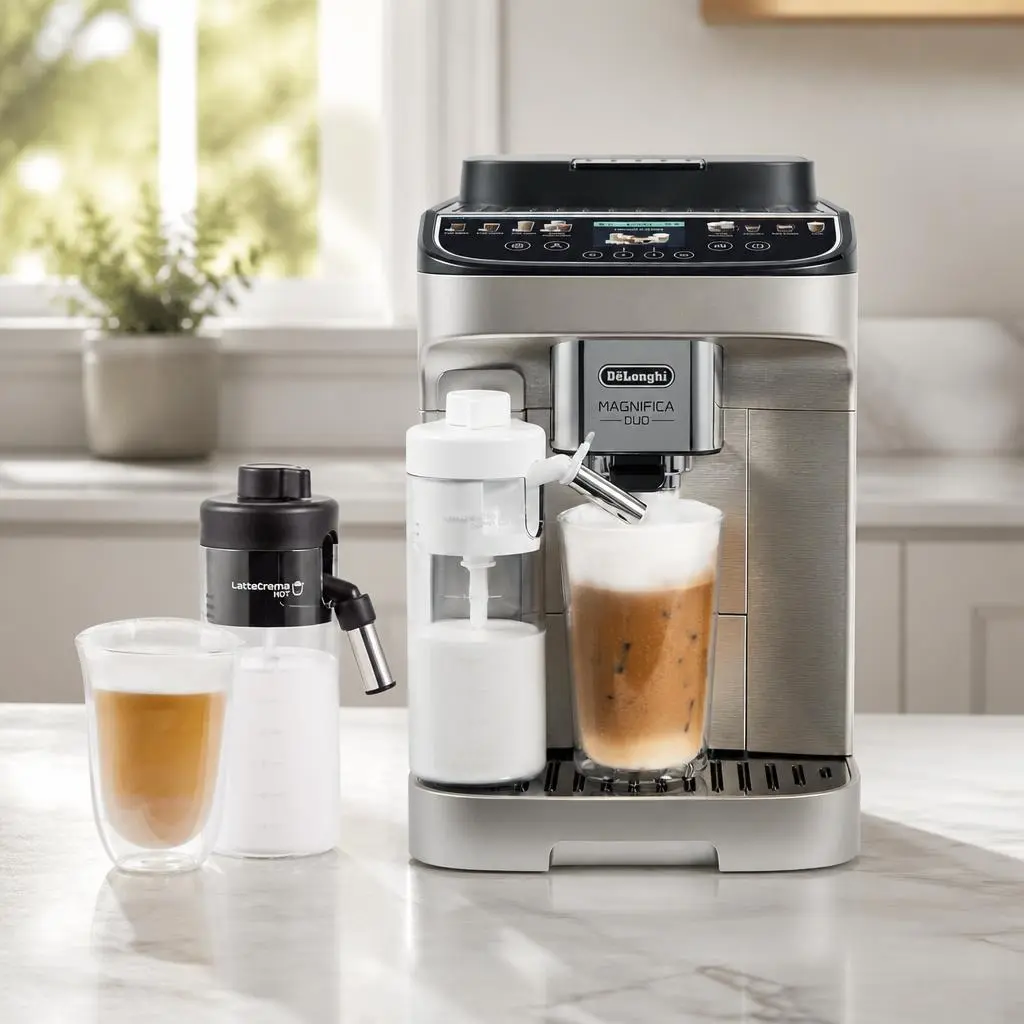 De'Longhi Magnifica Duo espresso machine on a bright marble kitchen counter near a window