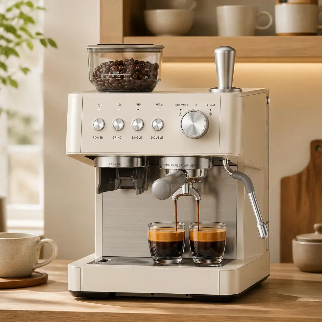 ELECSTATIC 15-bar espresso machine in a cozy cafe-style kitchen corner with small cups on a wooden shelf
