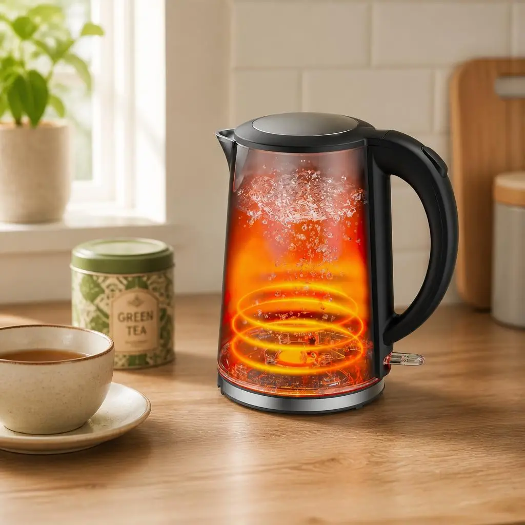 Stainless steel electric kettle on a kitchen counter next to a teacup