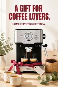 GEVI 2-in-1 espresso machine next to a cappuccino and a milk pitcher