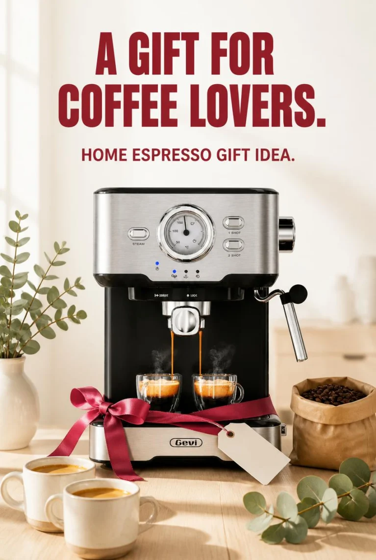 GEVI 2-in-1 espresso machine next to a cappuccino and a milk pitcher