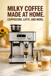 GEVI espresso machine with grinder showing the bean hopper and controls