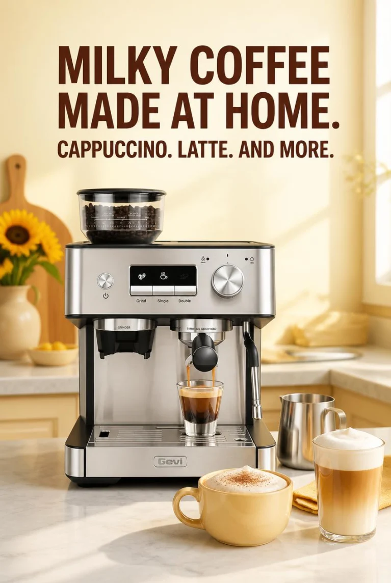 GEVI espresso machine with grinder showing the bean hopper and controls
