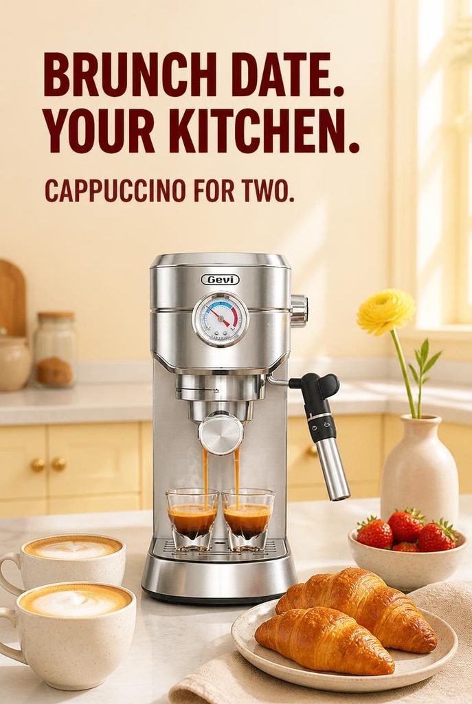 GEVI compact espresso machine on a narrow counter in a small kitchen