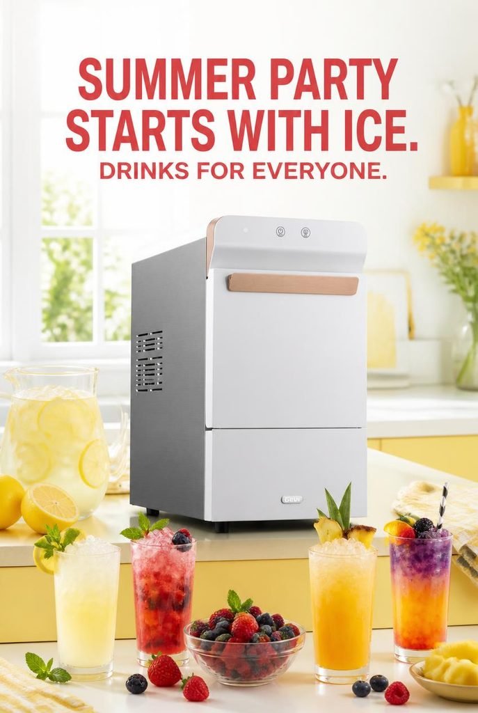 GEVI nugget ice maker beside an iced coffee made with nugget ice