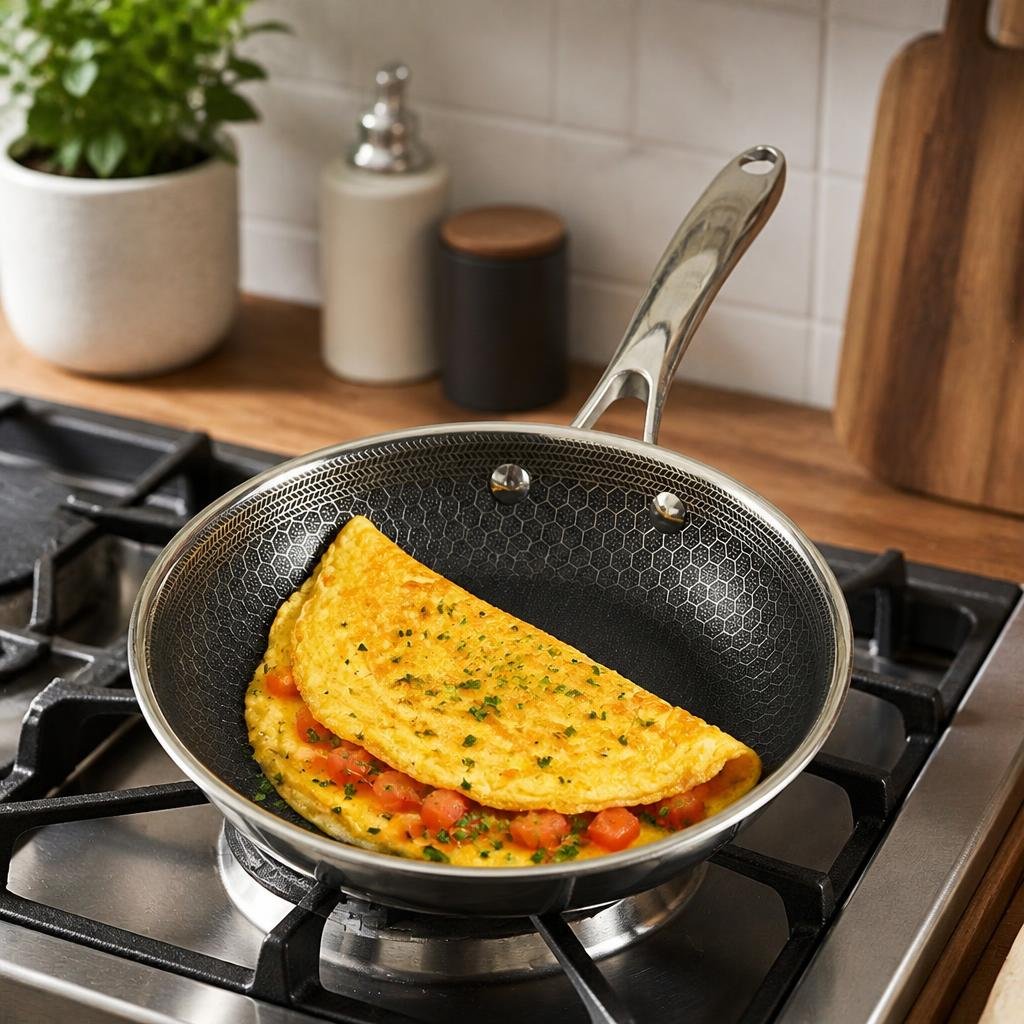 HexClad hybrid nonstick frying pan with a folded omelet on a gas stovetop