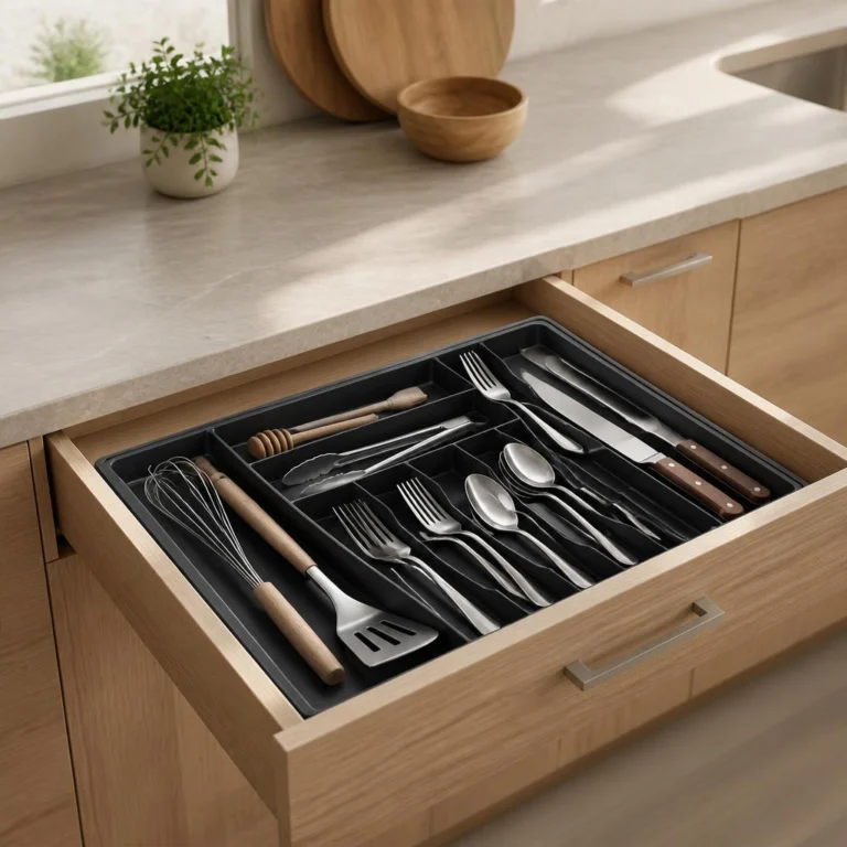 Expandable 9-slot silverware drawer organizer with stainless steel frame and BPA-free compartments