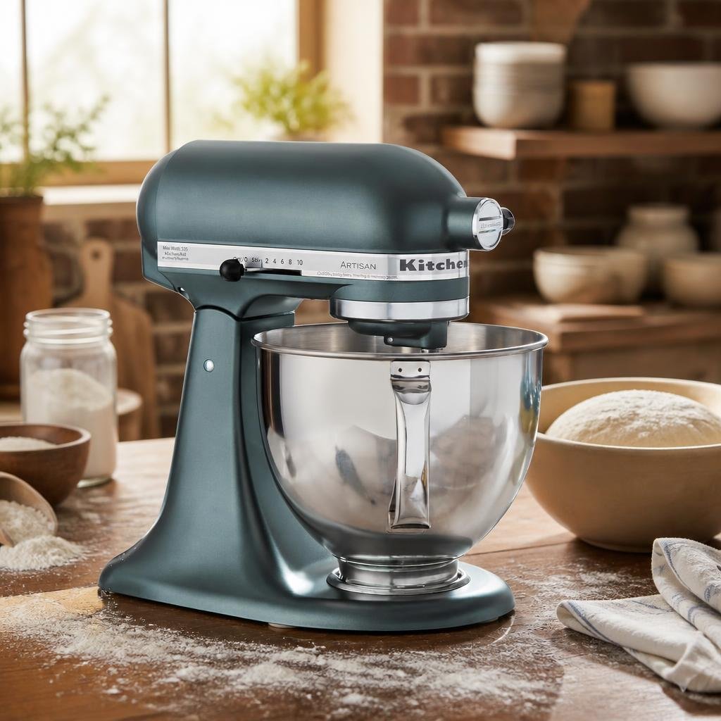 KitchenAid Artisan tilt-head stand mixer with stainless steel bowl and pouring shield