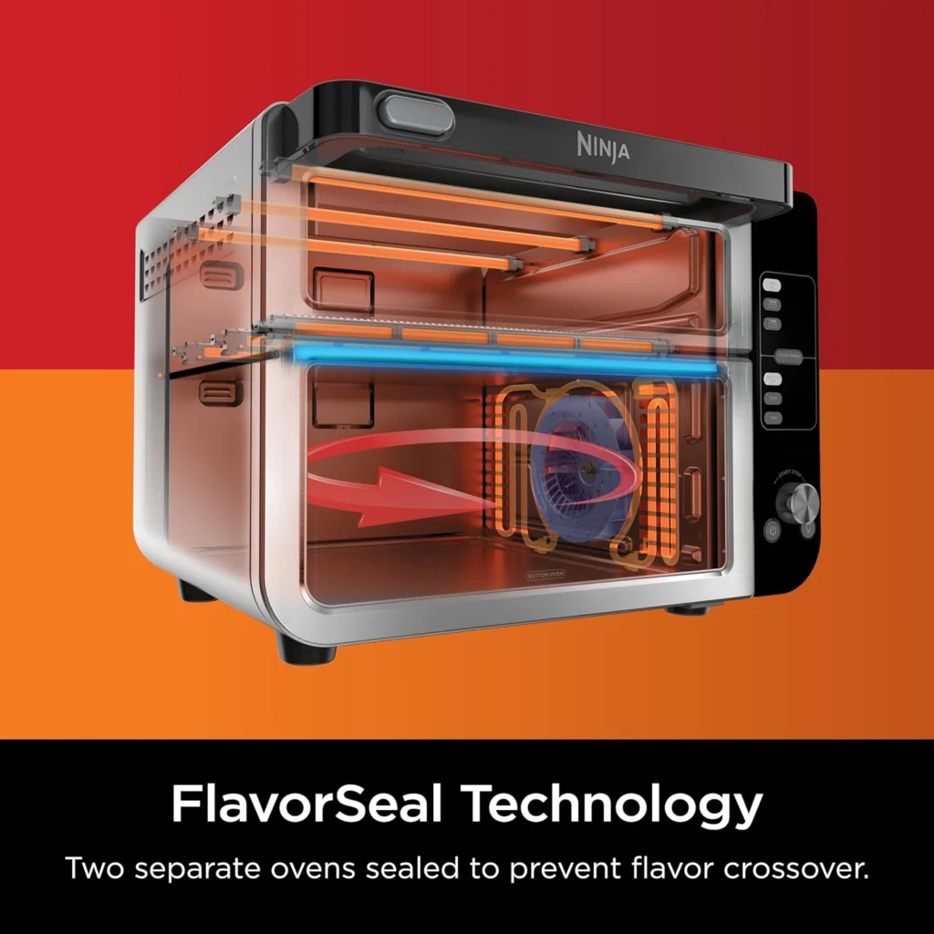 Ninja Double Oven cooking two dishes at once in top and bottom compartments