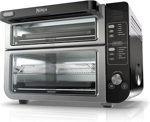Ninja 12-in-1 Double Oven with FlexDoor showing top and bottom cooking compartments
