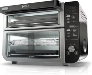 Ninja 12-in-1 Double Oven with FlexDoor showing top and bottom cooking compartments
