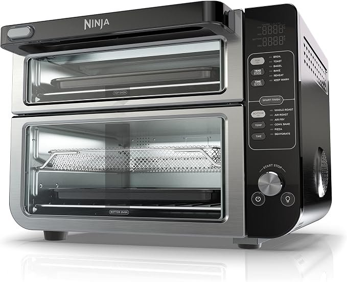 Ninja 12-in-1 Double Oven with FlexDoor showing top and bottom cooking compartments