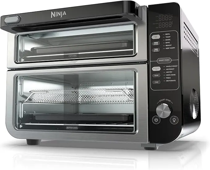 Ninja 12-in-1 Double Oven with FlexDoor showing top and bottom cooking compartments