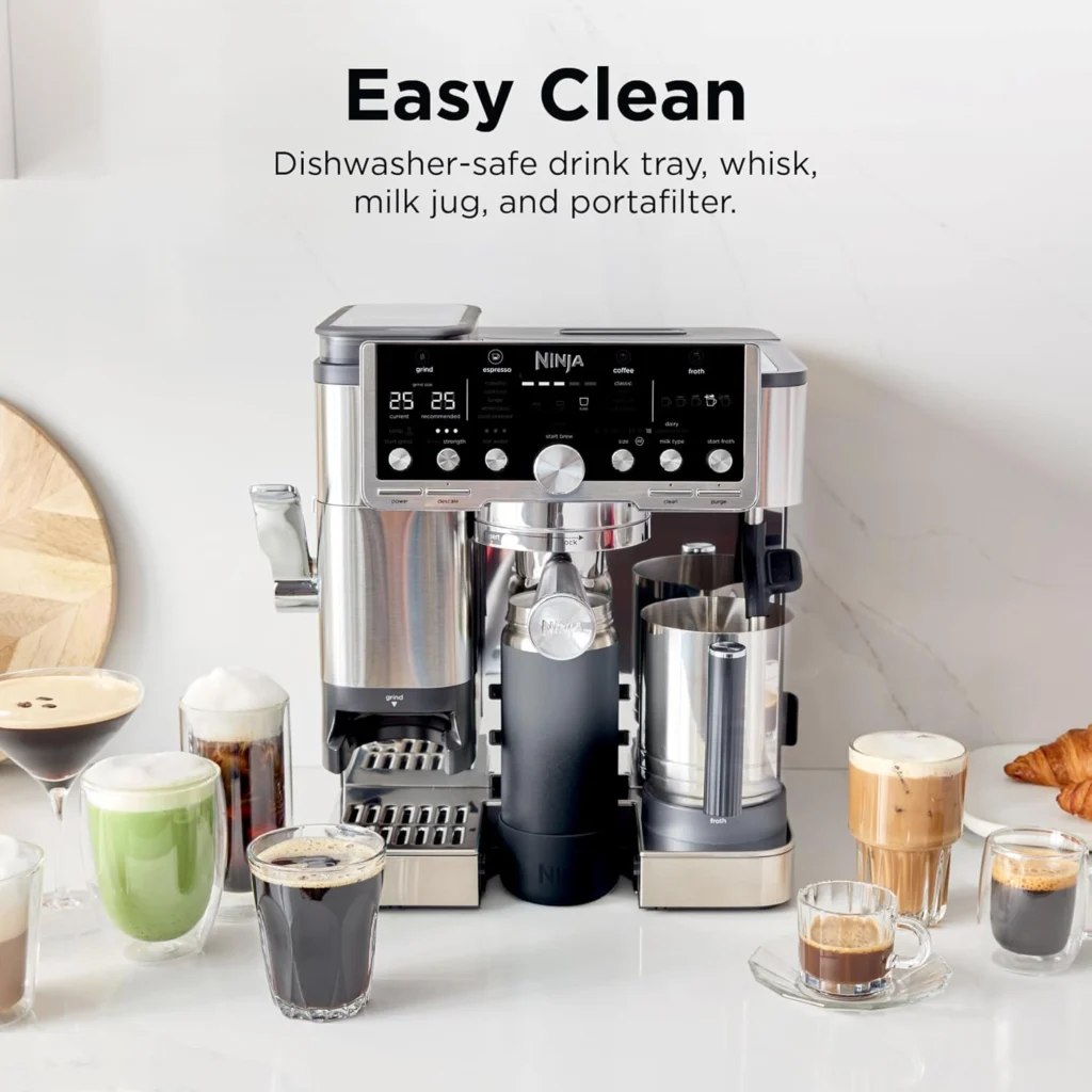 Ninja Luxe Café Pro espresso machine on a stone kitchen island with dark cabinets behind