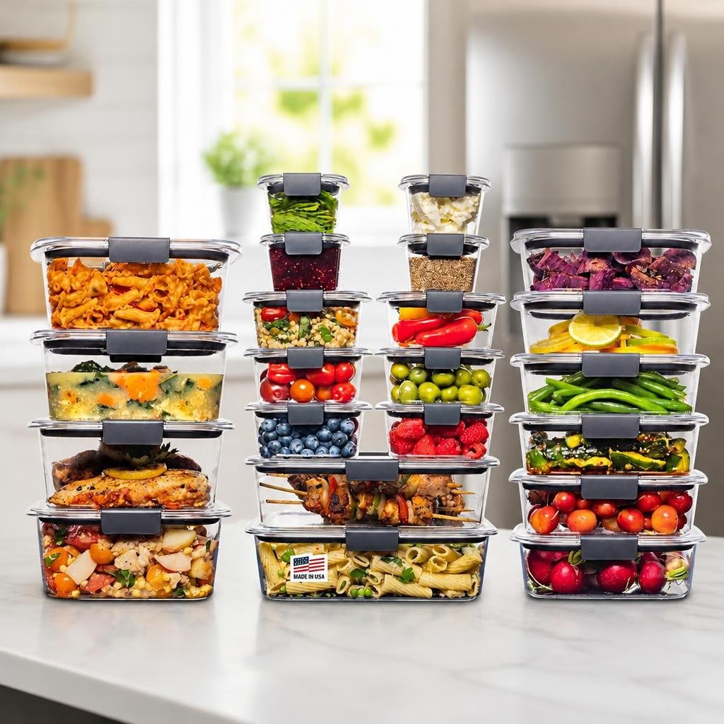 Rubbermaid Brilliance 44-piece BPA-free food storage container set with airtight lids and steam vents