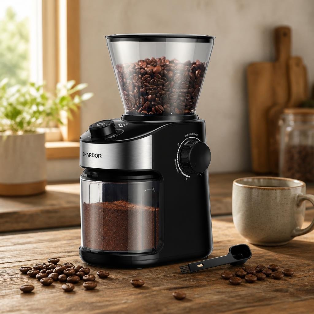 SHARDOR burr coffee grinder on a wooden kitchen counter with coffee beans and a ceramic mug