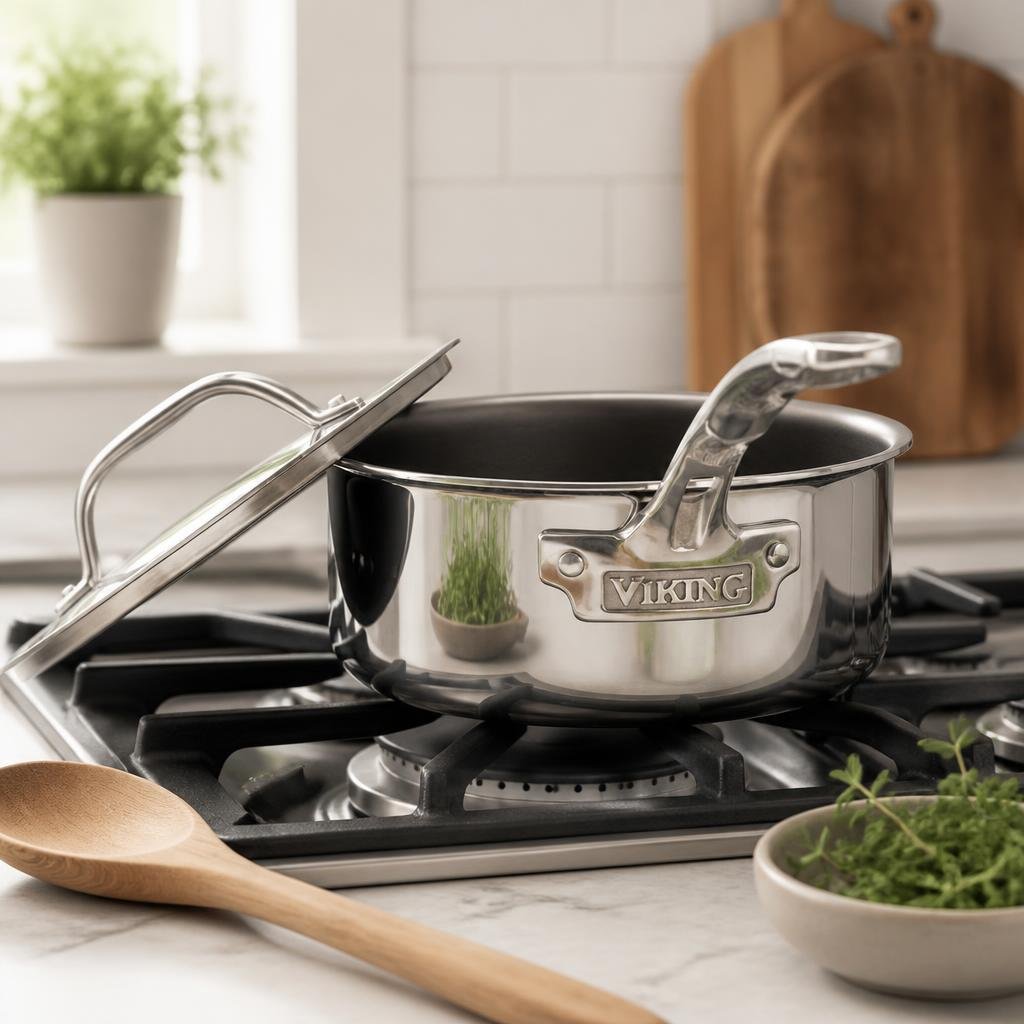 Viking PureGlide Pro 2-quart nonstick sauce pan on a gas stovetop with fresh herbs and a wooden spoon