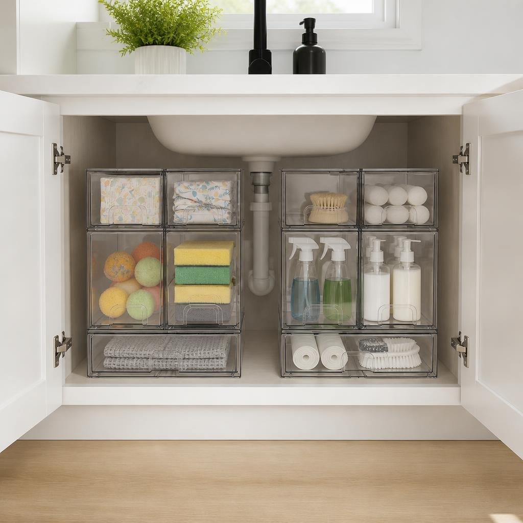 Vtopmart clear stackable storage drawers set of 5 for pantry, bathroom, and cabinet organization